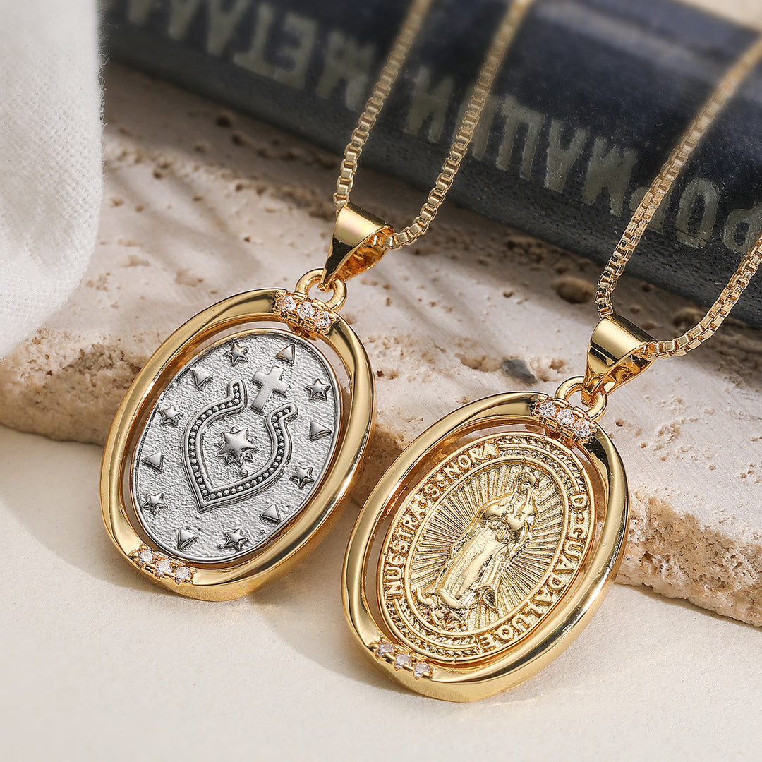 Christianartworkshop Reversible Spinning Oval Pendant Necklace with Our Lady of Guadalupe & Sacred Heart Designs - image 0