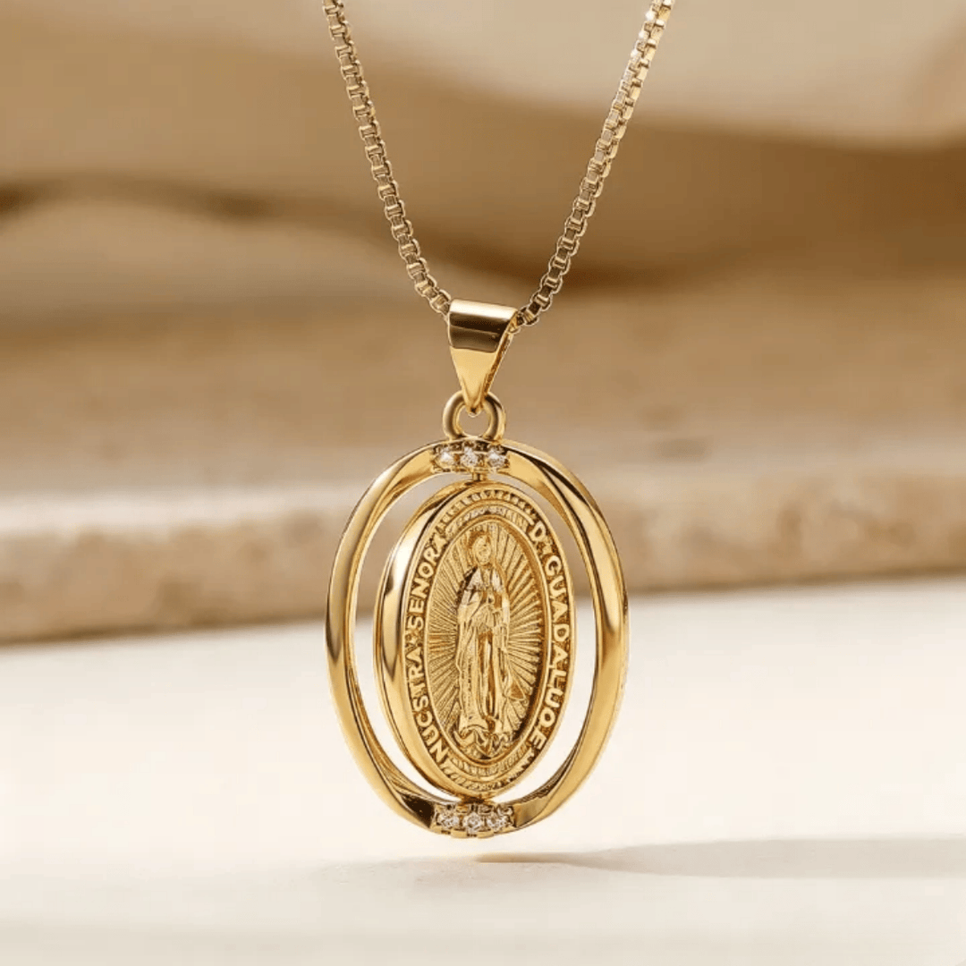 Christianartworkshop Reversible Spinning Oval Pendant Necklace with Our Lady of Guadalupe & Sacred Heart Designs - Golden - image 1