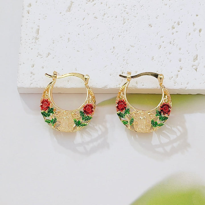 Christianartworkshop Delicate Filigree Hoop Earrings with Our Lady of Guadalupe & Enameled Rose Motifs: A Reminder of Divine Mercy  - image 1