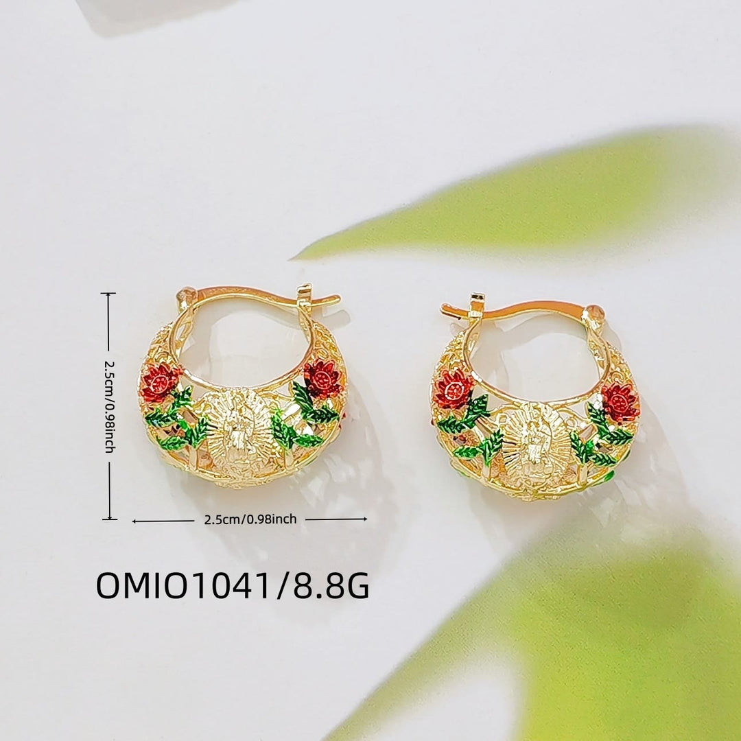 Christianartworkshop Delicate Filigree Hoop Earrings with Our Lady of Guadalupe & Enameled Rose Motifs: A Reminder of Divine Mercy  - image 2