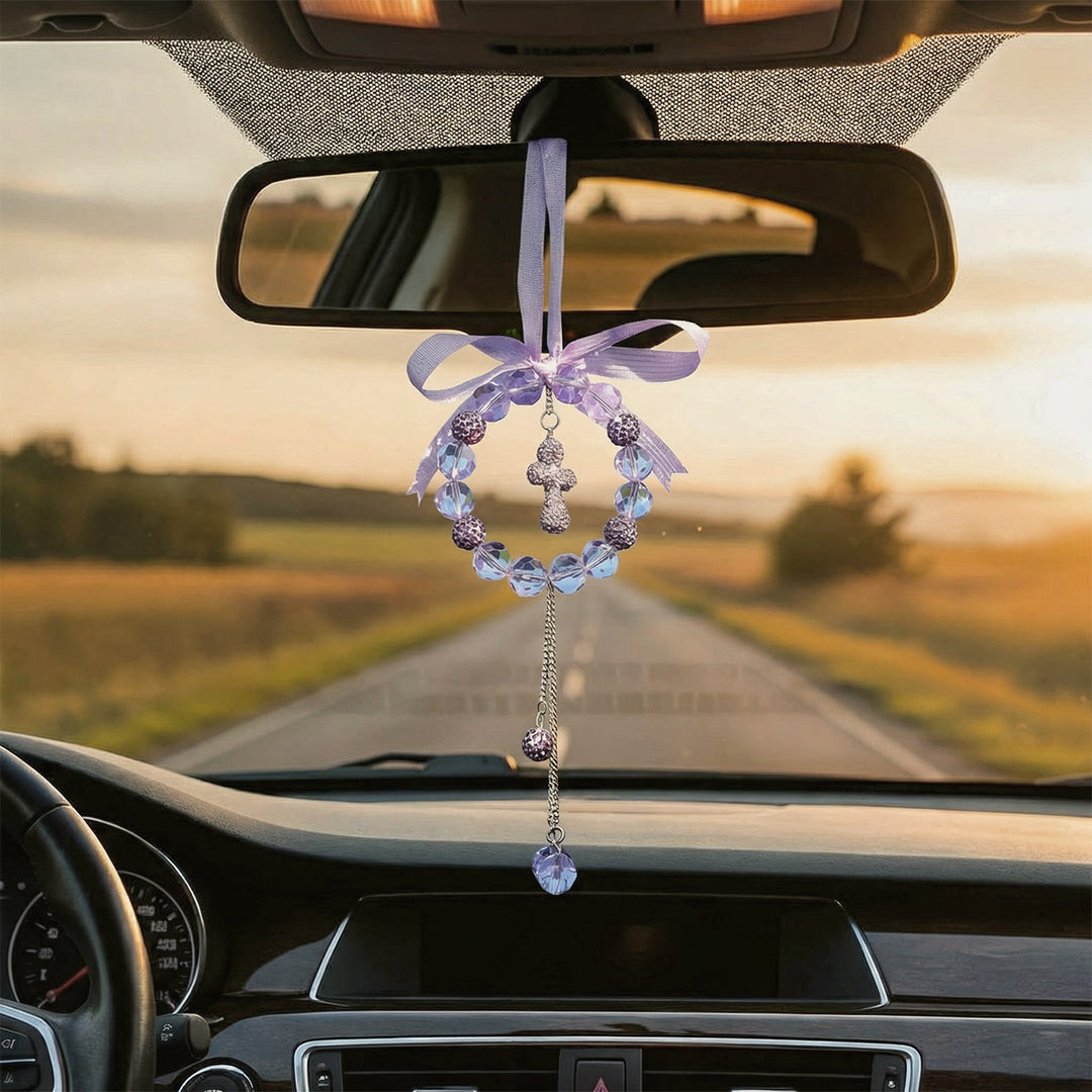 Christianartworkshop Bow-Adorned Crystal Wreath Cross Car Pendant: A Symbol of Sheltering Grace & Safe Journey Faith - image 5