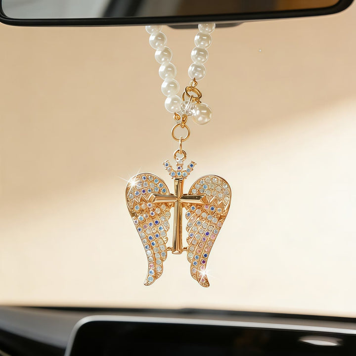 Christianartworkshop Angel Wing Cross Car Pendant with Pearl Chain & Crystal Accents: A Symbol of Divine Protection & Faithful Guidance - image 1