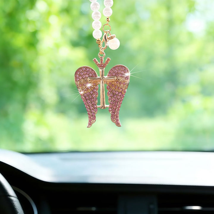 Christianartworkshop Angel Wing Cross Car Pendant with Pearl Chain & Crystal Accents: A Symbol of Divine Protection & Faithful Guidance - Pink - image 5