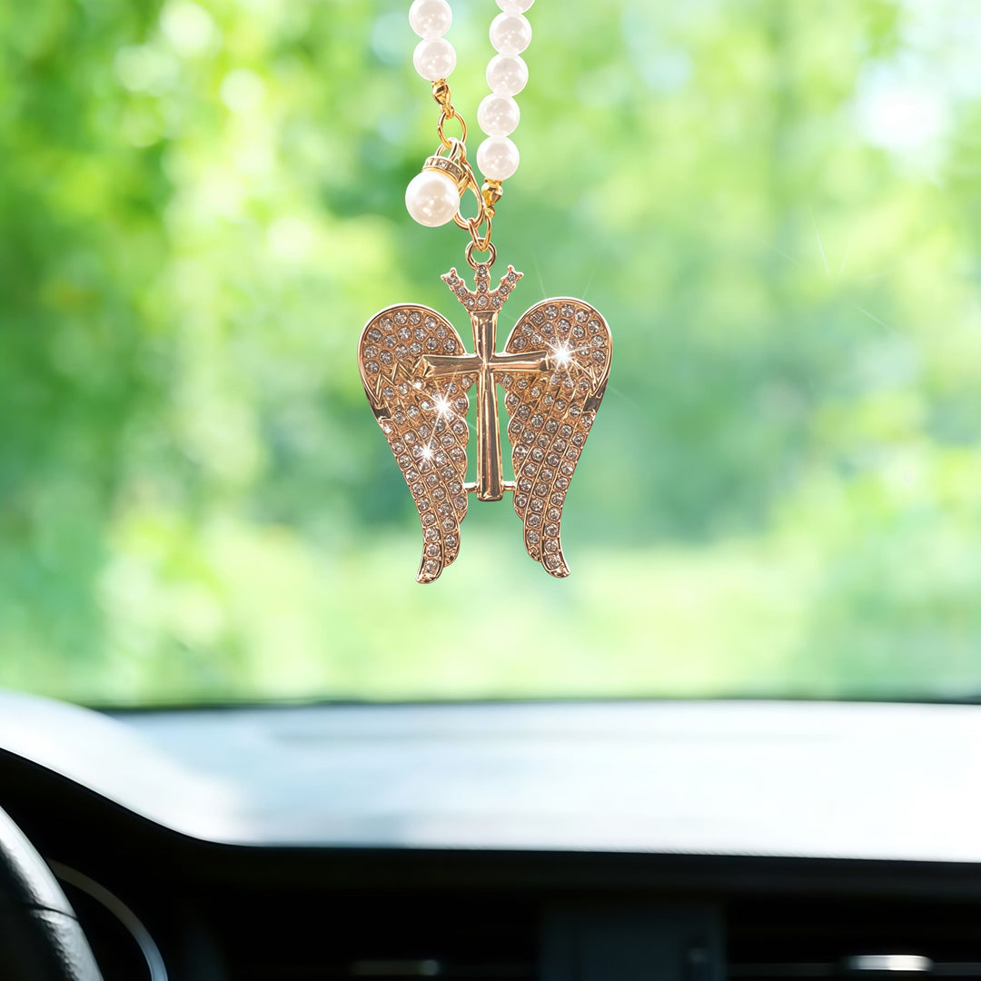 Christianartworkshop Angel Wing Cross Car Pendant with Pearl Chain & Crystal Accents: A Symbol of Divine Protection & Faithful Guidance - Golden - image 0