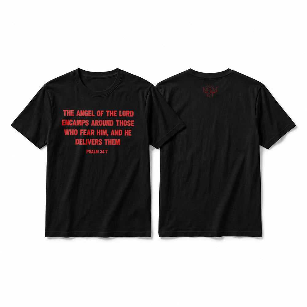 Christianartworkshop Psalm 34:7 "The Angel of the Lord" Front & Back Print Premium Short Sleeve T-Shirt - Black - 2XL - image 1