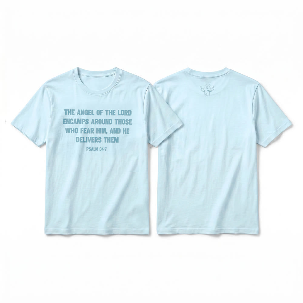 Christianartworkshop Psalm 34:7 "The Angel of the Lord" Front & Back Print Premium Short Sleeve T-Shirt - Blue - 2XL - image 10