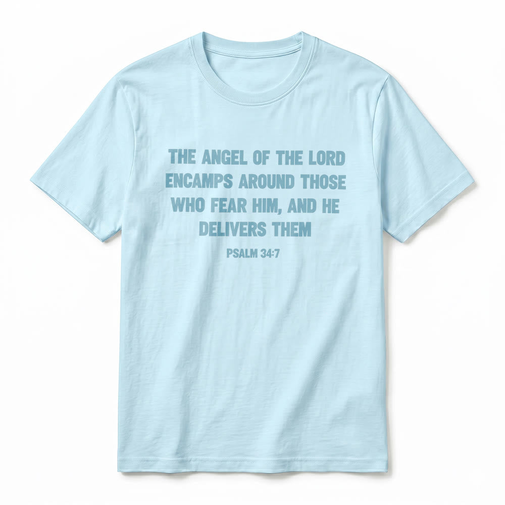Christianartworkshop Psalm 34:7 "The Angel of the Lord" Front & Back Print Premium Short Sleeve T-Shirt - image 11