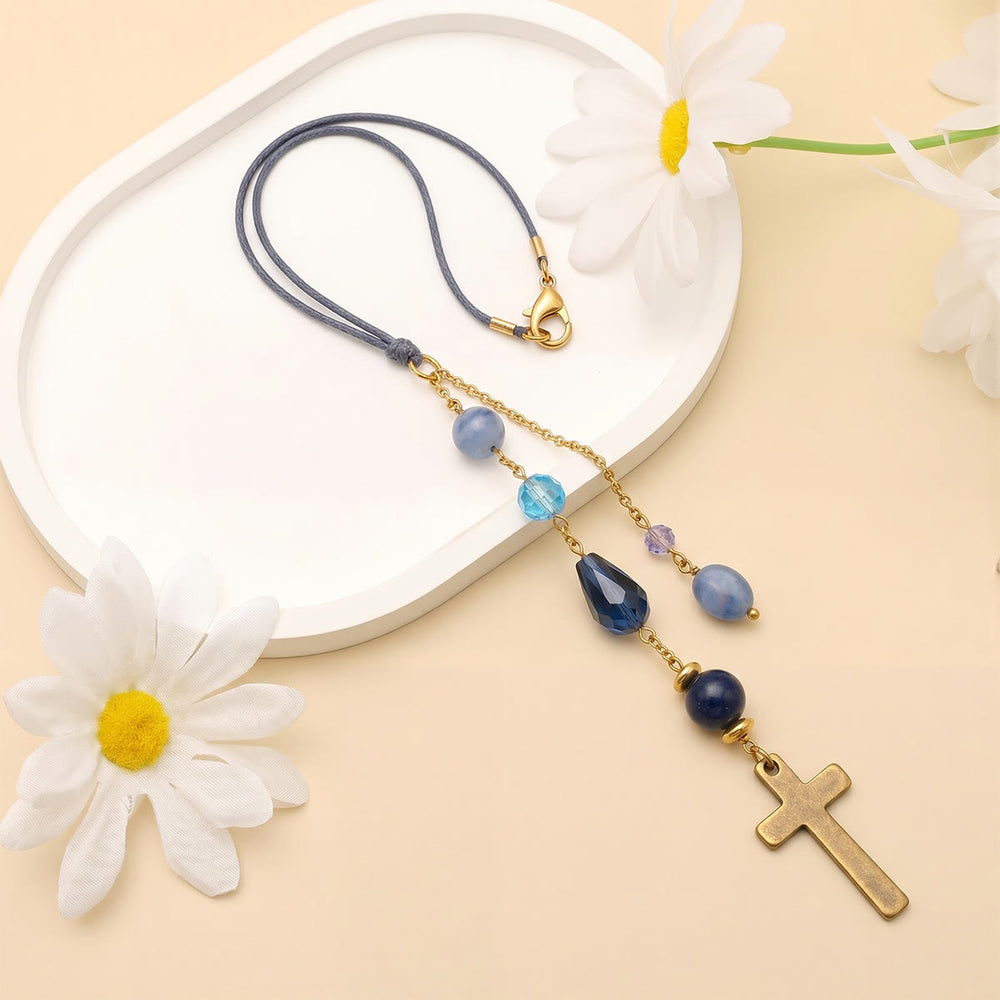 Christianartworkshop Minimalist Cross Car Hanging Ornament with Natural Stone & Crystal Beads: A Reminder of Heavenly Peace on the Road - image 1