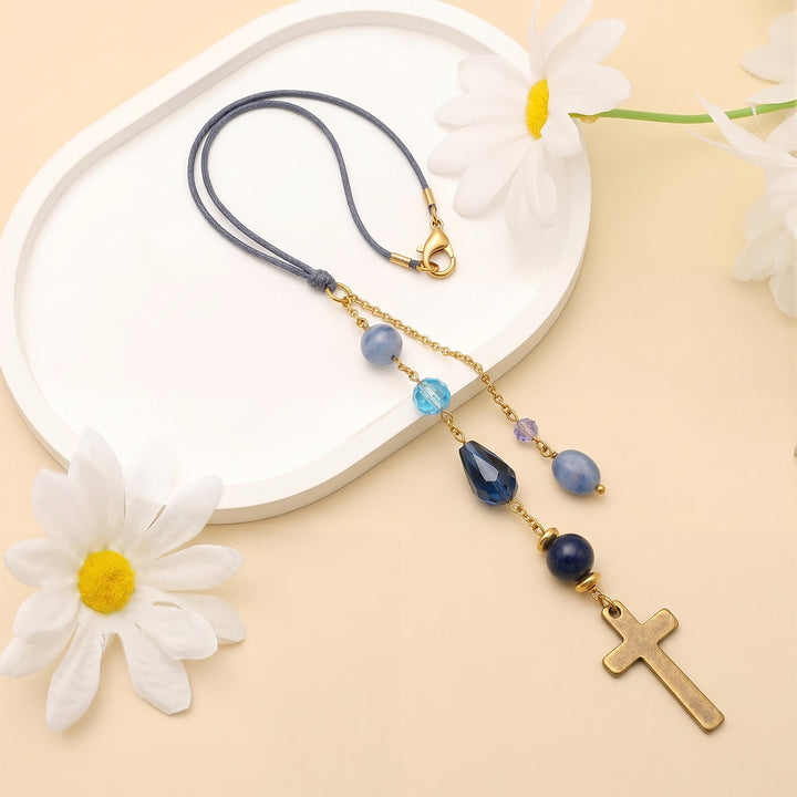 Christianartworkshop Minimalist Cross Car Hanging Ornament with Natural Stone & Crystal Beads: A Reminder of Heavenly Peace on the Road - image 1