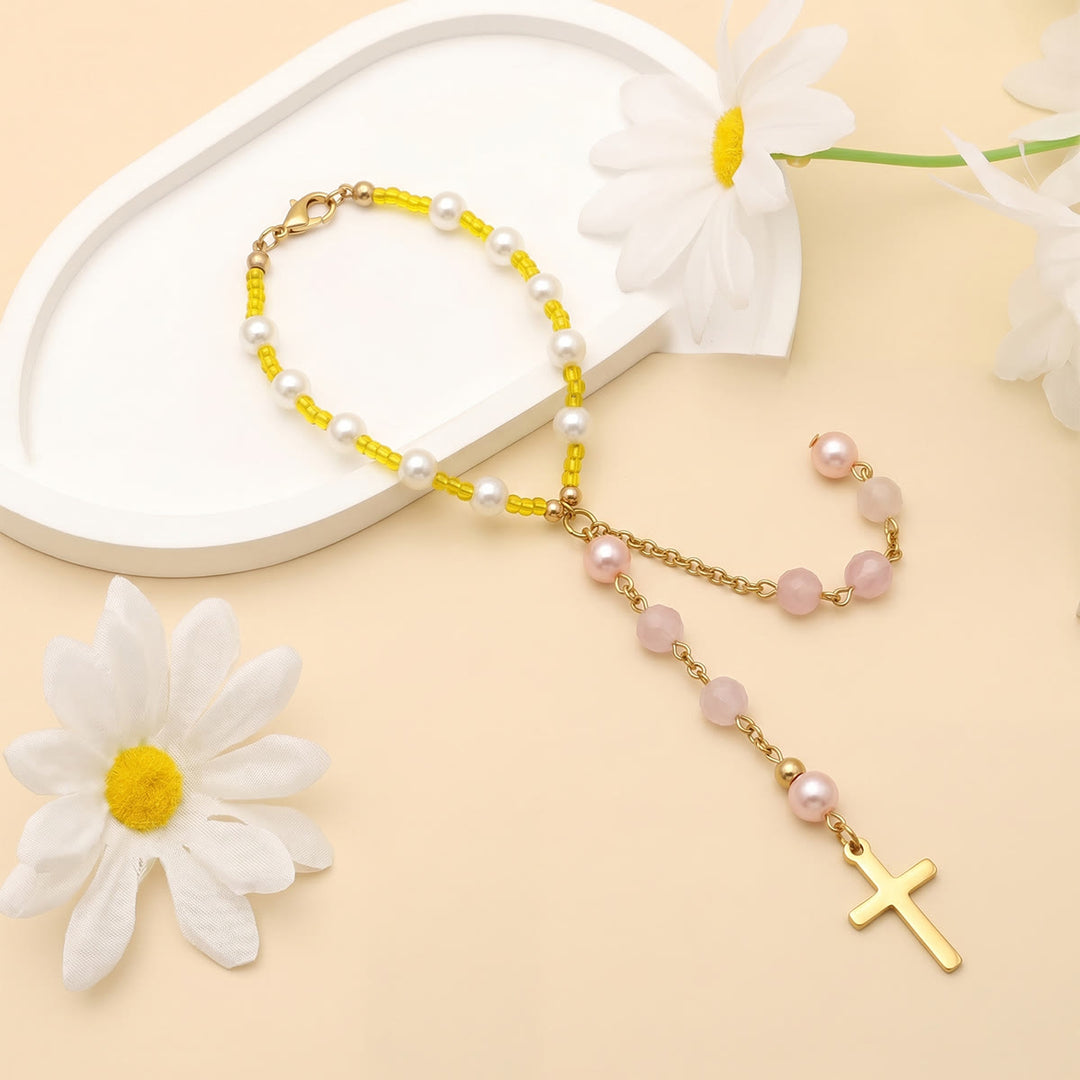 Christianartworkshop Minimalist Cross Car Hanging Ornament with Natural Stone & Crystal Beads: A Reminder of Heavenly Peace on the Road - Pink Pearl - image 32