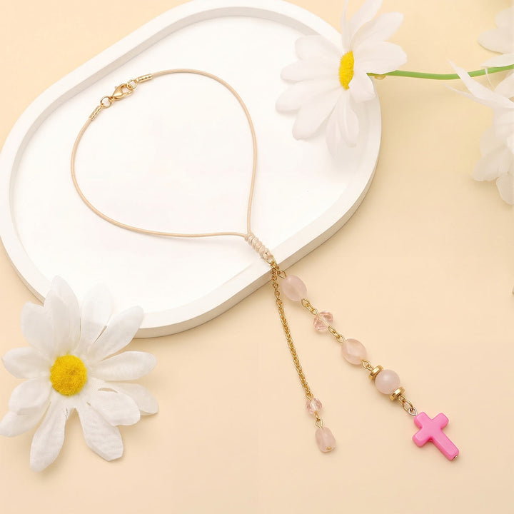 Christianartworkshop Minimalist Cross Car Hanging Ornament with Natural Stone & Crystal Beads: A Reminder of Heavenly Peace on the Road - Pink Jade - image 19