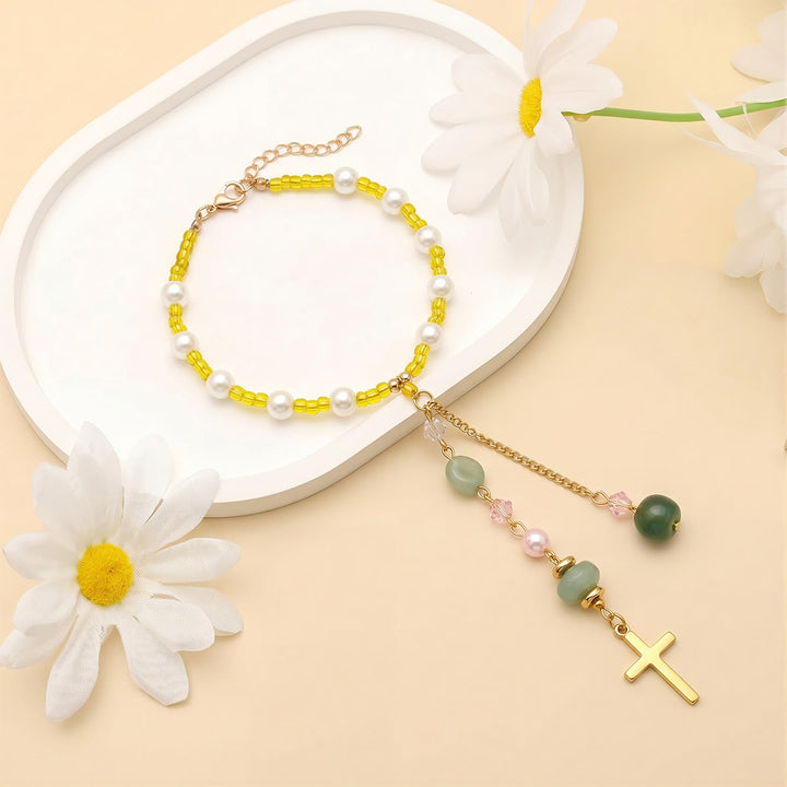 Christianartworkshop Minimalist Cross Car Hanging Ornament with Natural Stone & Crystal Beads: A Reminder of Heavenly Peace on the Road - Green Jade - image 25