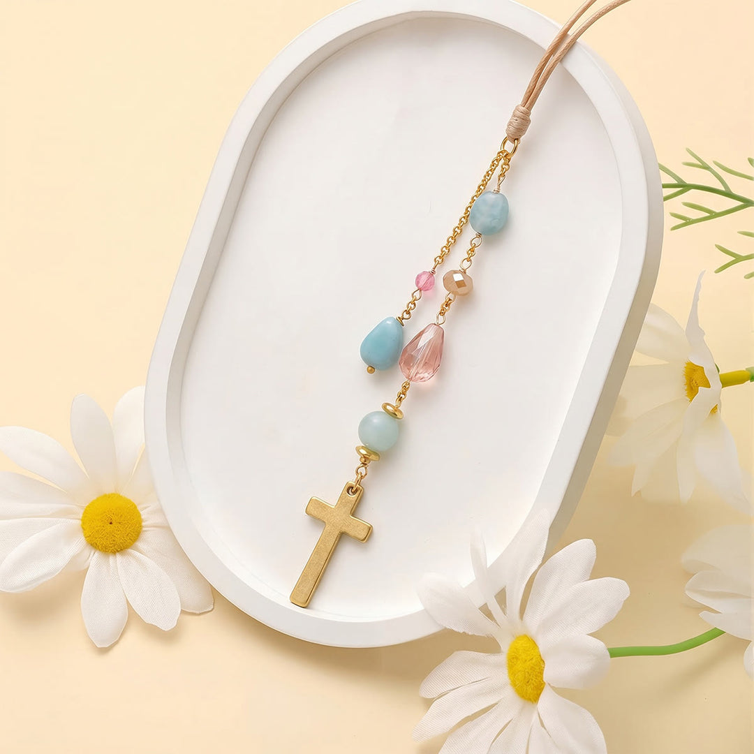 Christianartworkshop Minimalist Cross Car Hanging Ornament with Natural Stone & Crystal Beads: A Reminder of Heavenly Peace on the Road - Pink Quartz - image 5