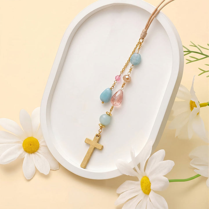 Christianartworkshop Minimalist Cross Car Hanging Ornament with Natural Stone & Crystal Beads: A Reminder of Heavenly Peace on the Road - Pink Quartz - image 5