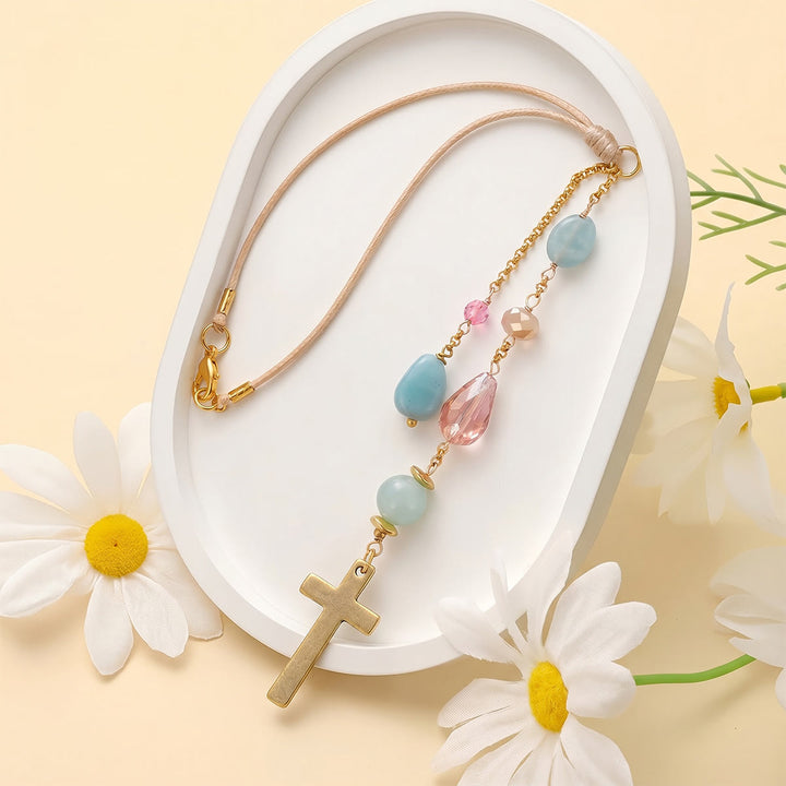 Christianartworkshop Minimalist Cross Car Hanging Ornament with Natural Stone & Crystal Beads: A Reminder of Heavenly Peace on the Road - image 8