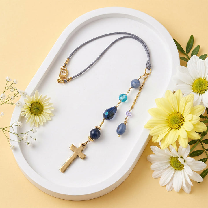 Christianartworkshop Minimalist Cross Car Hanging Ornament with Natural Stone & Crystal Beads: A Reminder of Heavenly Peace on the Road - image 3