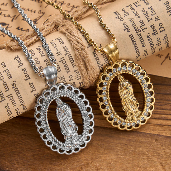 Christianartworkshop Openwork Oval Our Lady Necklace with Zircon Halo & Braided Chain: A Reminder of Divine Mercy and Heavenly Protection - image 1