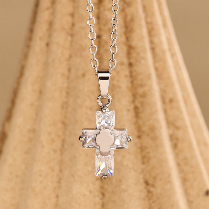 Christianartworkshop Zircon-Encrusted Cross Pendant Necklace with Polished Center Inlay: A Symbol of Radiant Sacred Grace & Steadfast Faith - Silver - image 3
