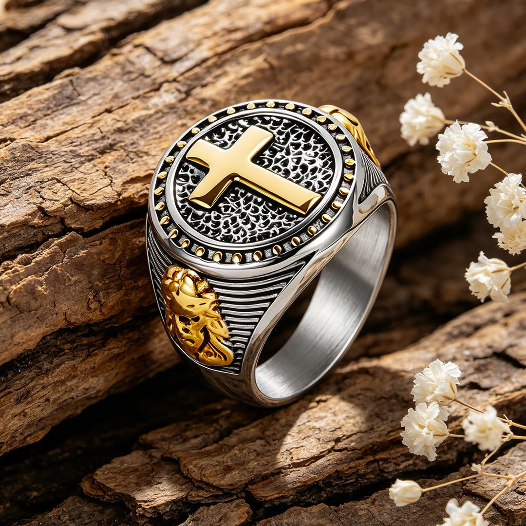 Christianartworkshop Vintage Two-Tone Cross Signet Ring with Jesus Profile Detail: A Symbol of Timeless Faith & Sacred Protection - Silver & Golden - US 13 - image 0