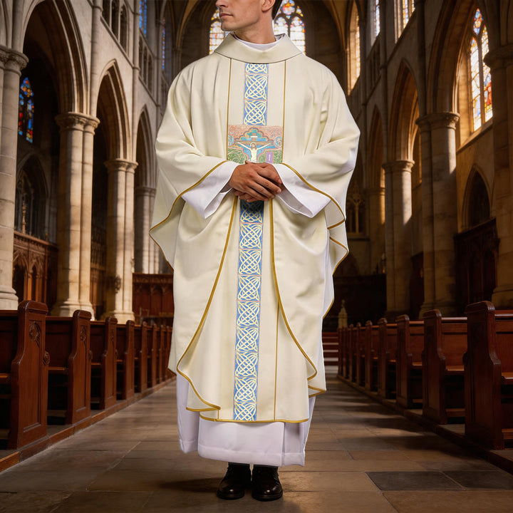 Christianartworkshop Elegant Printed Chasuble With Central Crucifix, INRI Inscription And Ornate Celtic Knot Print Chasuble - image 1