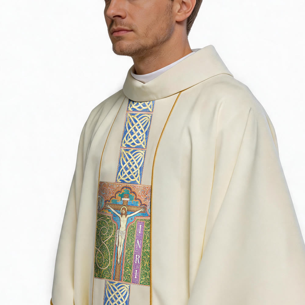 Christianartworkshop Elegant Printed Chasuble With Central Crucifix, INRI Inscription And Ornate Celtic Knot Print Chasuble - image 5