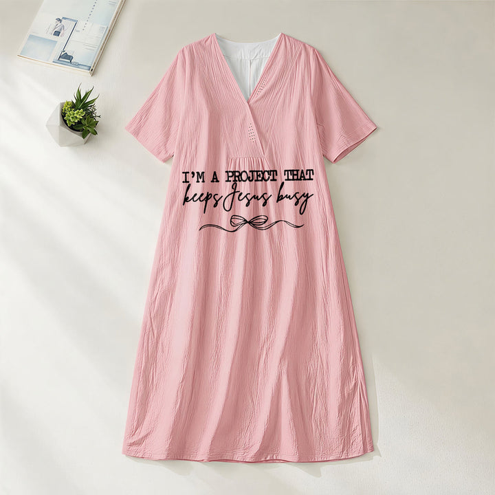 Christianartworkshop "I'm A Project That Keeps Jesus Busy" Bow Detail V-Neck Short Sleeve Midi Dress - Pink - 4XL - image 4