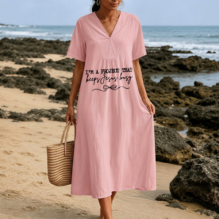 Christianartworkshop "I'm A Project That Keeps Jesus Busy" Bow Detail V-Neck Short Sleeve Midi Dress - image 5