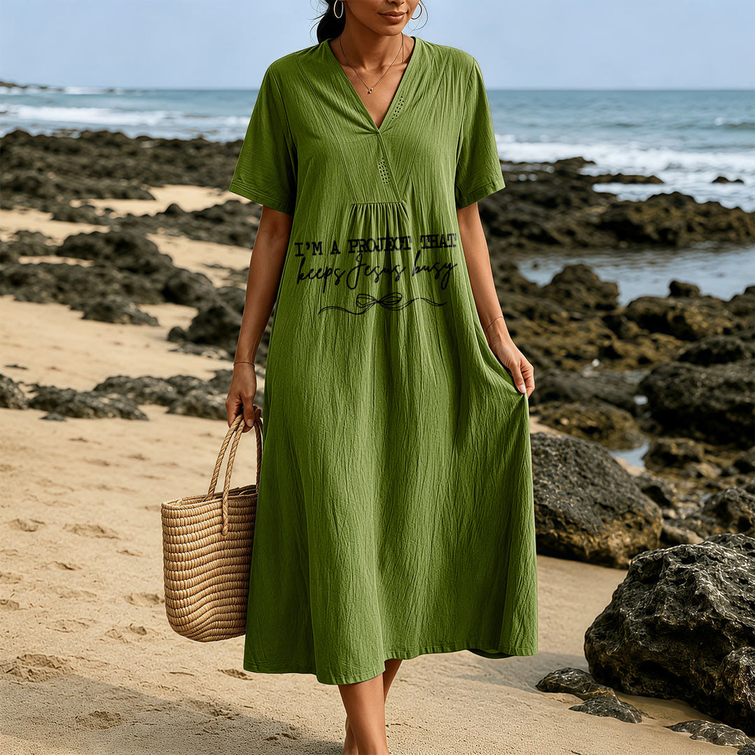 Christianartworkshop "I'm A Project That Keeps Jesus Busy" Bow Detail V-Neck Short Sleeve Midi Dress - image 21
