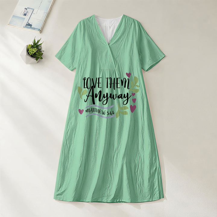 Christianartworkshop "Love Them Anyway" Matthew 5:44 Heart Leaf Print V-Neck Short Sleeve Midi Dress - Green - 4XL - image 12