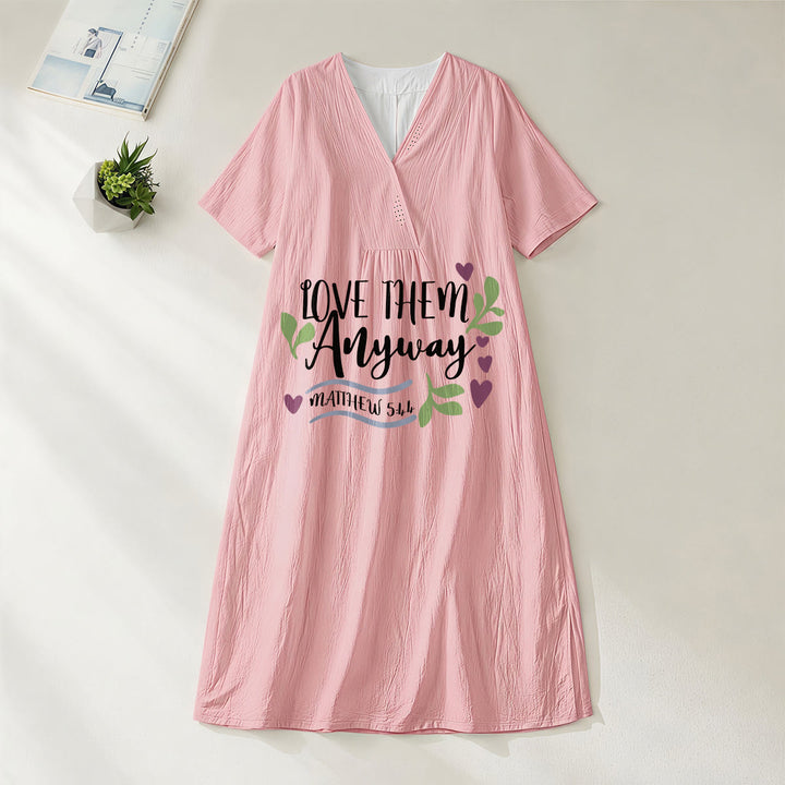 Christianartworkshop "Love Them Anyway" Matthew 5:44 Heart Leaf Print V-Neck Short Sleeve Midi Dress - Pink - 4XL - image 8