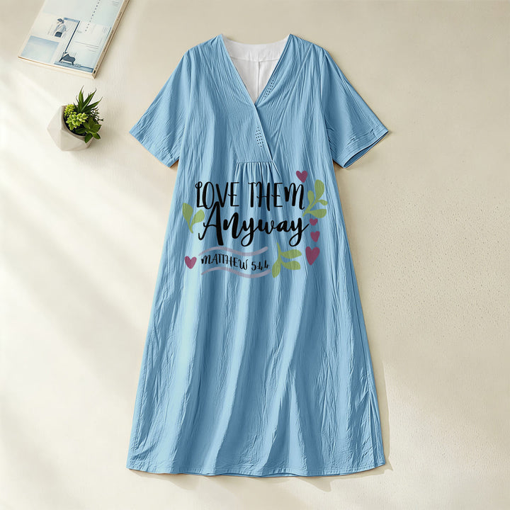 Christianartworkshop "Love Them Anyway" Matthew 5:44 Heart Leaf Print V-Neck Short Sleeve Midi Dress - Blue - 4XL - image 16