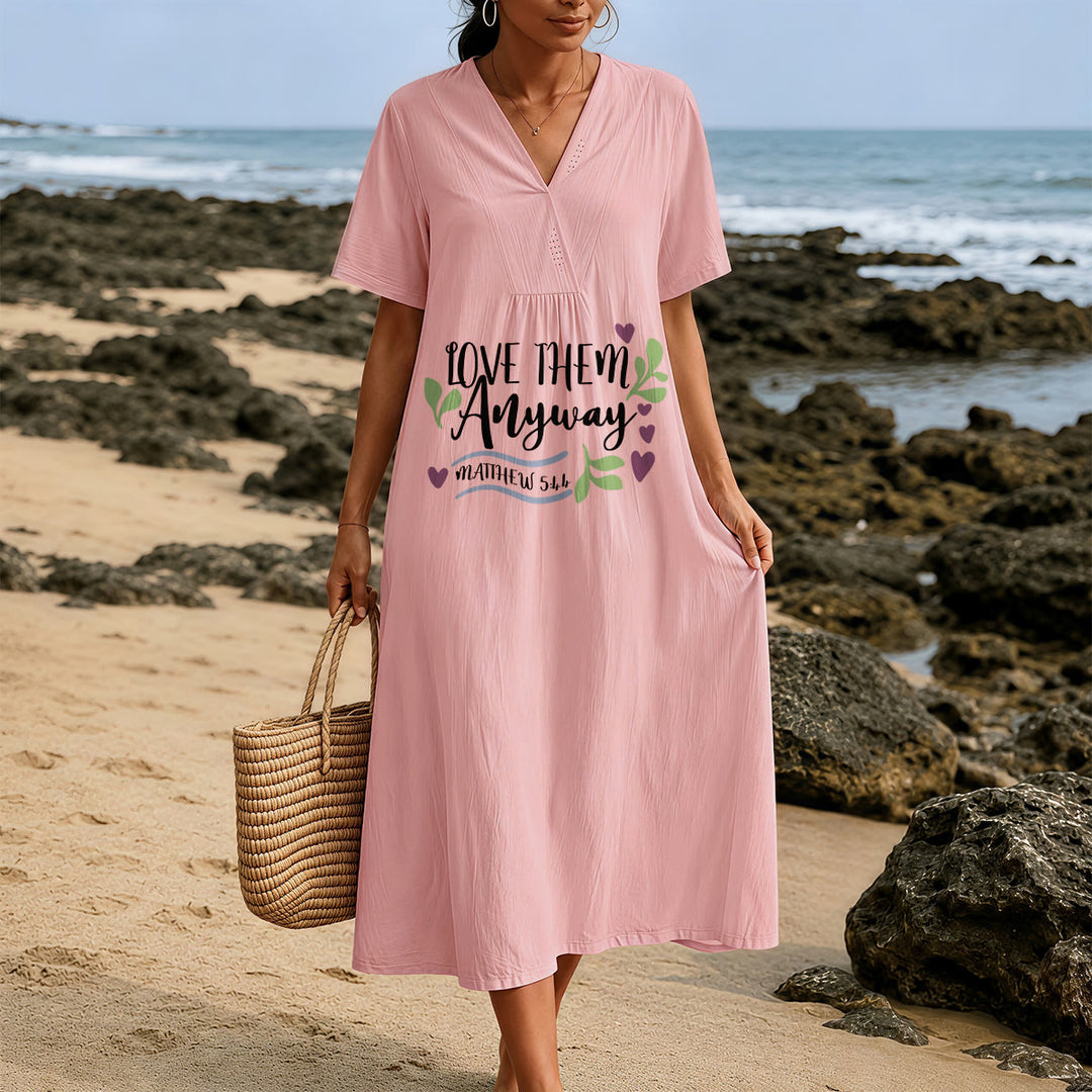 Christianartworkshop "Love Them Anyway" Matthew 5:44 Heart Leaf Print V-Neck Short Sleeve Midi Dress - image 9