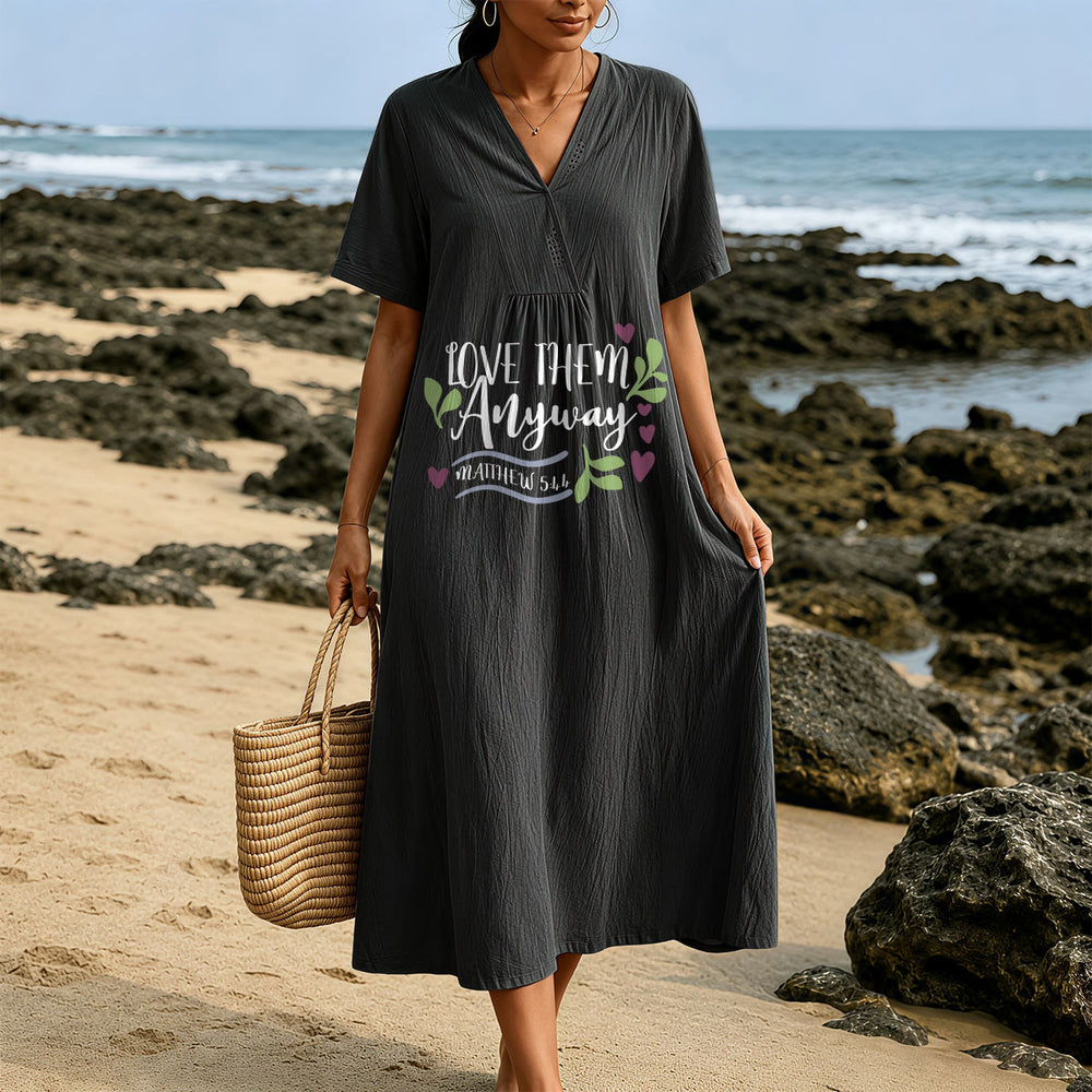 Christianartworkshop "Love Them Anyway" Matthew 5:44 Heart Leaf Print V-Neck Short Sleeve Midi Dress - image 1