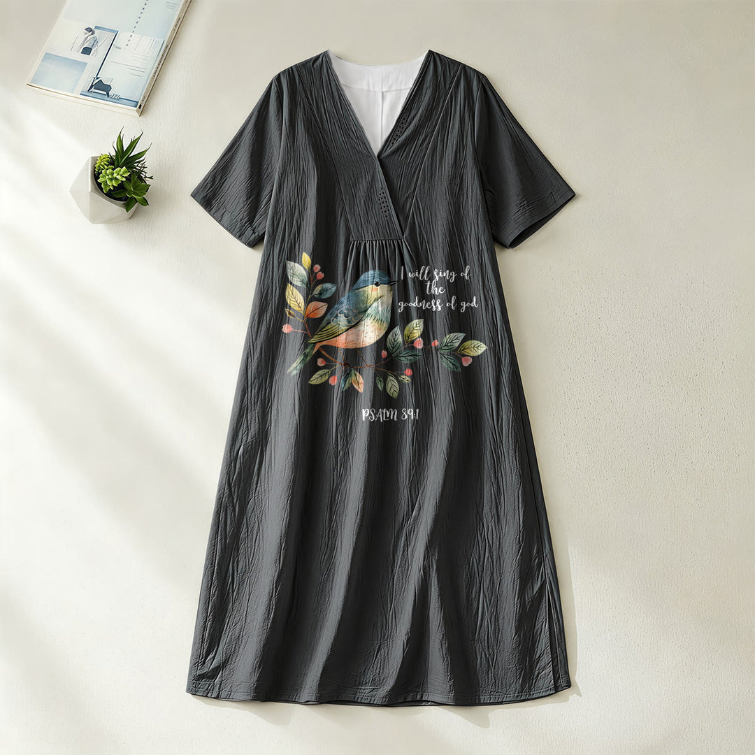 Christianartworkshop "I Will Sing Of The Goodness Of God" Psalm 89:1 Bird Branch Print V-Neck Short Sleeve Midi Dress - Black - 4XL - image 4