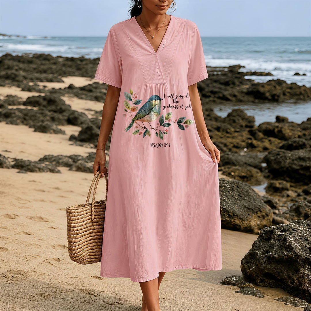 Christianartworkshop "I Will Sing Of The Goodness Of God" Psalm 89:1 Bird Branch Print V-Neck Short Sleeve Midi Dress - image 13