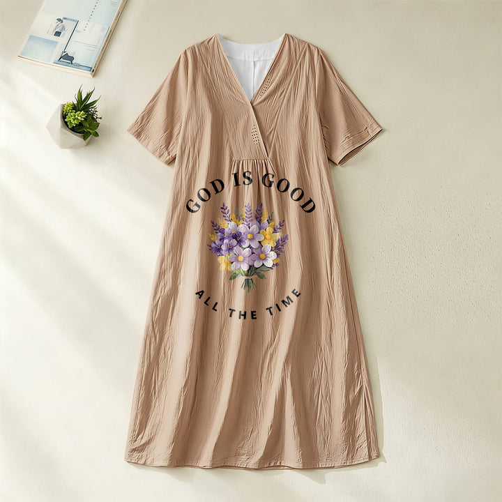 Christianartworkshop "God Is Good All The Time" Floral Bouquet Print V-Neck Short Sleeve Midi Dress - Khaki - 4XL - image 20