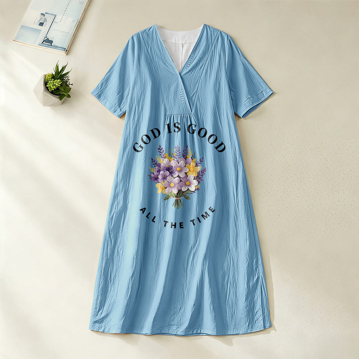 Christianartworkshop "God Is Good All The Time" Floral Bouquet Print V-Neck Short Sleeve Midi Dress - Blue - 4XL - image 4