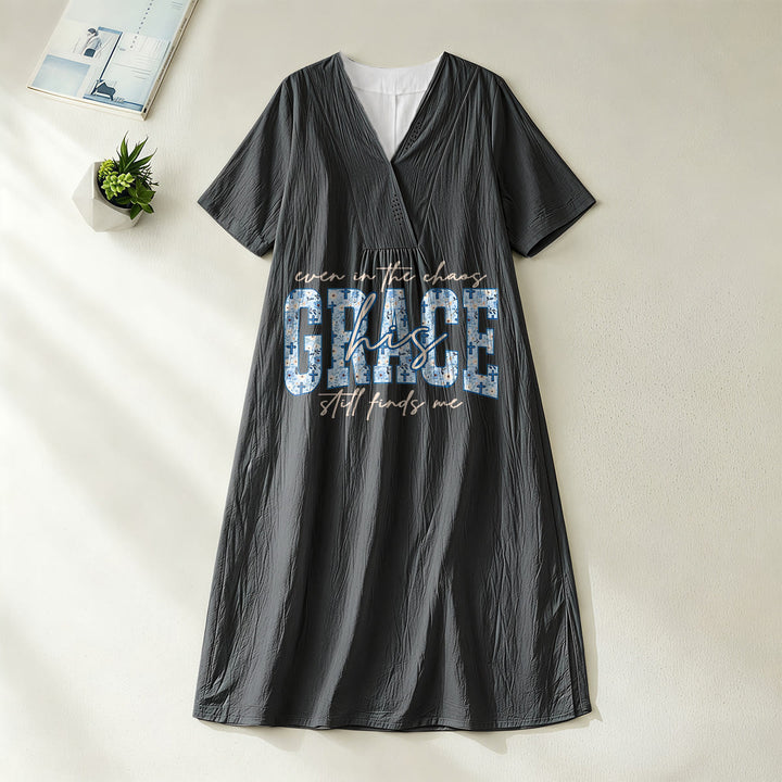 Christianartworkshop Classic "His Grace Still Finds Me" Plaid Print V-Neck Loose Midi Dress - Black - 4XL - image 0