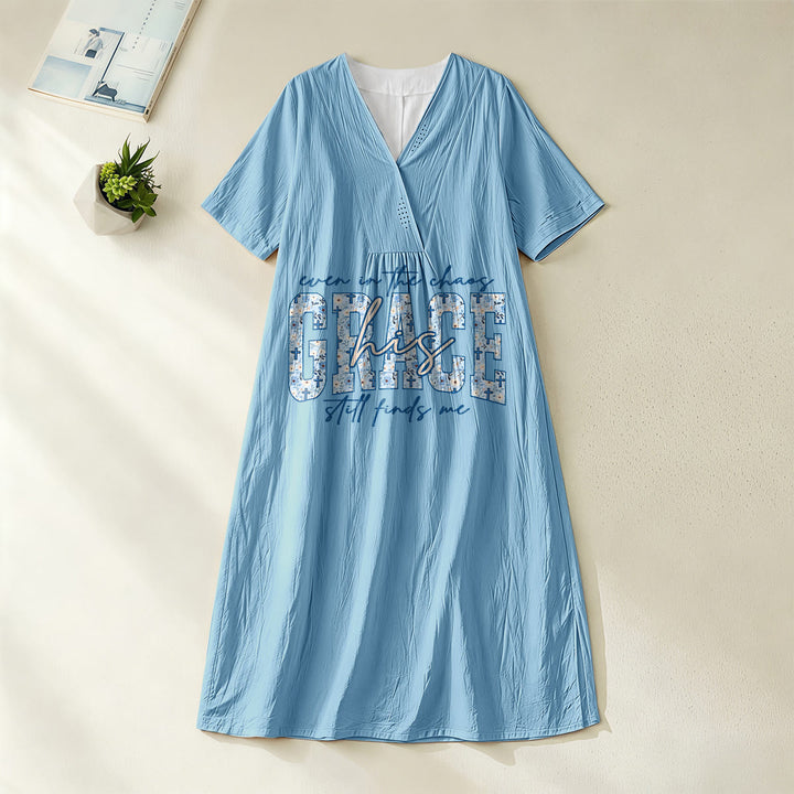 Christianartworkshop Classic "His Grace Still Finds Me" Plaid Print V-Neck Loose Midi Dress - Blue - 4XL - image 8