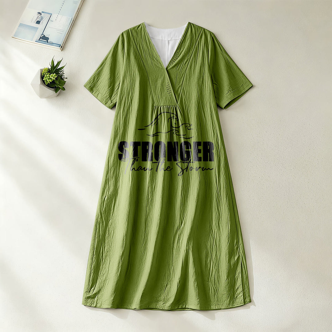 Christianartworkshop "Stronger Than The Storm" Wave Graphic V-Neck Short Sleeve Midi Dress - Olive Green - 4XL - image 4