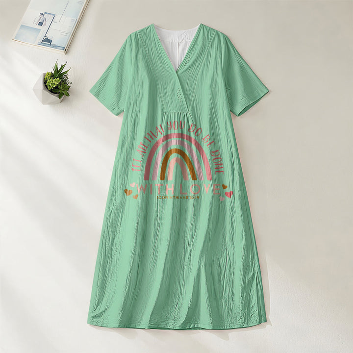 Christianartworkshop Plain Tone Love Scripture Rainbow Heart Slogan V-Neck Casual Midi Dress - Green - 4XL - image 0
