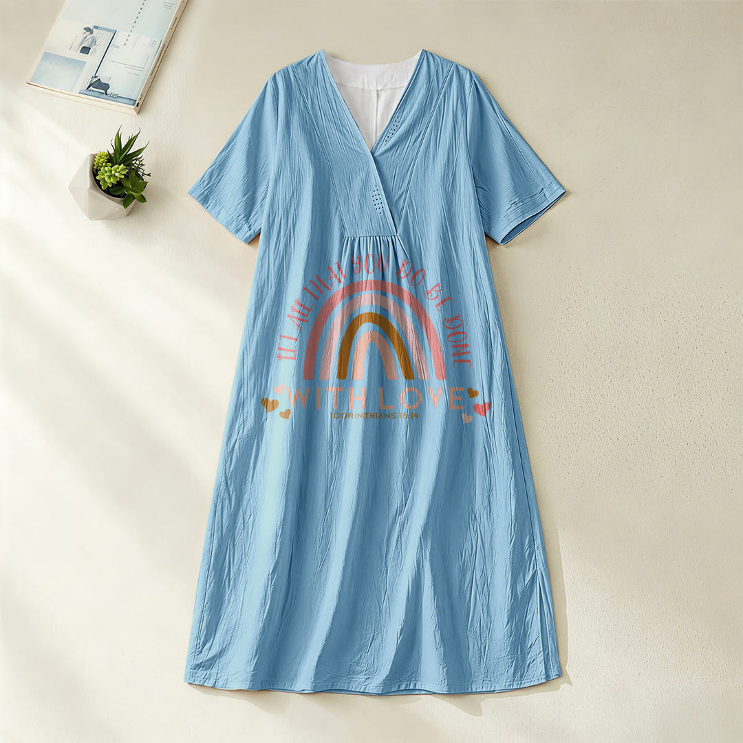 Christianartworkshop Plain Tone Love Scripture Rainbow Heart Slogan V-Neck Casual Midi Dress - Blue - 4XL - image 4