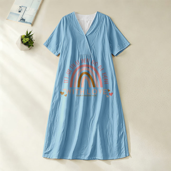 Christianartworkshop Plain Tone Love Scripture Rainbow Heart Slogan V-Neck Casual Midi Dress - Blue - 4XL - image 4