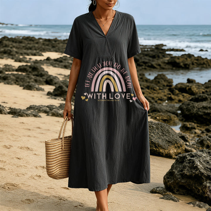 Christianartworkshop Plain Tone Love Scripture Rainbow Heart Slogan V-Neck Casual Midi Dress - image 17