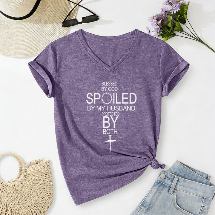 Christianartworkshop "Blessed by God Spoiled by My Husband" Cross Accent Casual V-neck T-shirt - Purple - 2XL - image 16
