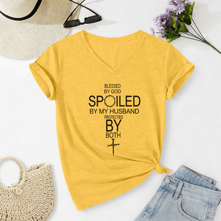 Christianartworkshop "Blessed by God Spoiled by My Husband" Cross Accent Casual V-neck T-shirt - Yellow - 2XL - image 4