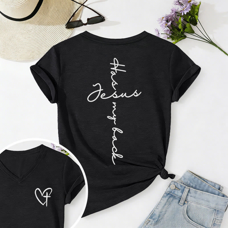Christianartworkshop "Jesus Has My Back" Front & Back Print Casual V-neck T-shirt - Black - 2XL - image 6