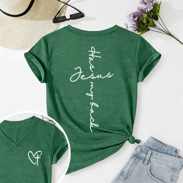Christianartworkshop "Jesus Has My Back" Front & Back Print Casual V-neck T-shirt - Dark Green - 2XL - image 48