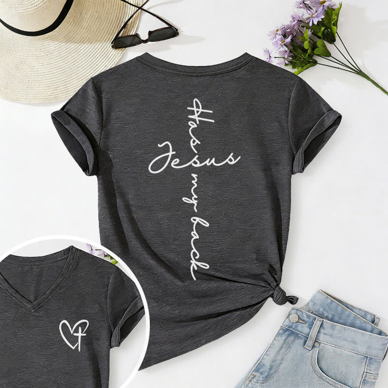 Christianartworkshop "Jesus Has My Back" Front & Back Print Casual V-neck T-shirt - Dark Grey - 2XL - image 0