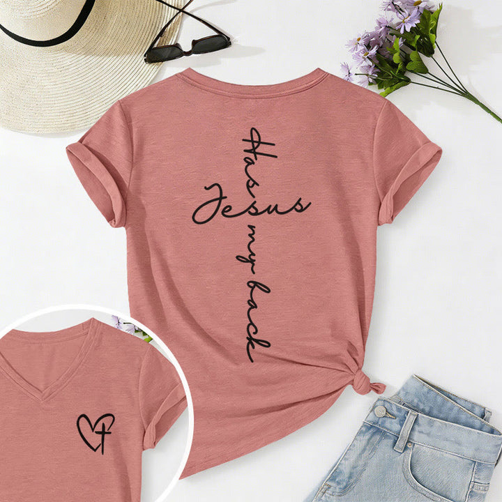 Christianartworkshop "Jesus Has My Back" Front & Back Print Casual V-neck T-shirt - Light Pink - 2XL - image 42